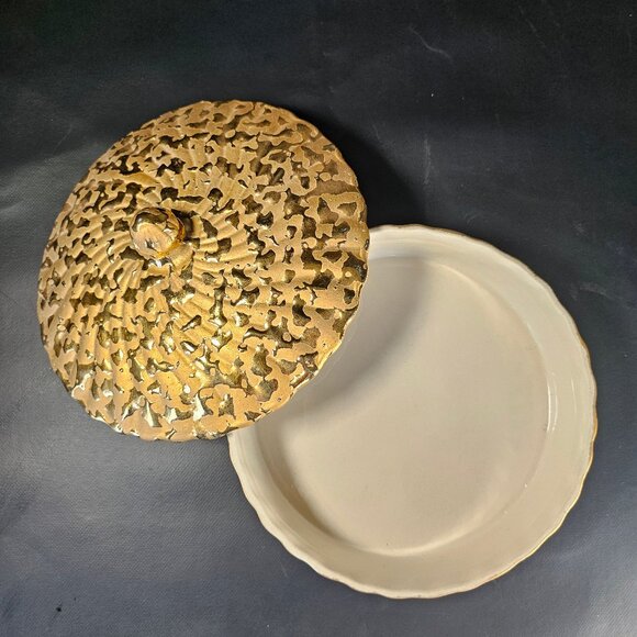 1950s Hand Decorated 22KT Gold Candy Dish With Lid. Weeping Bright Gold. MCM - Picture 3 of 8